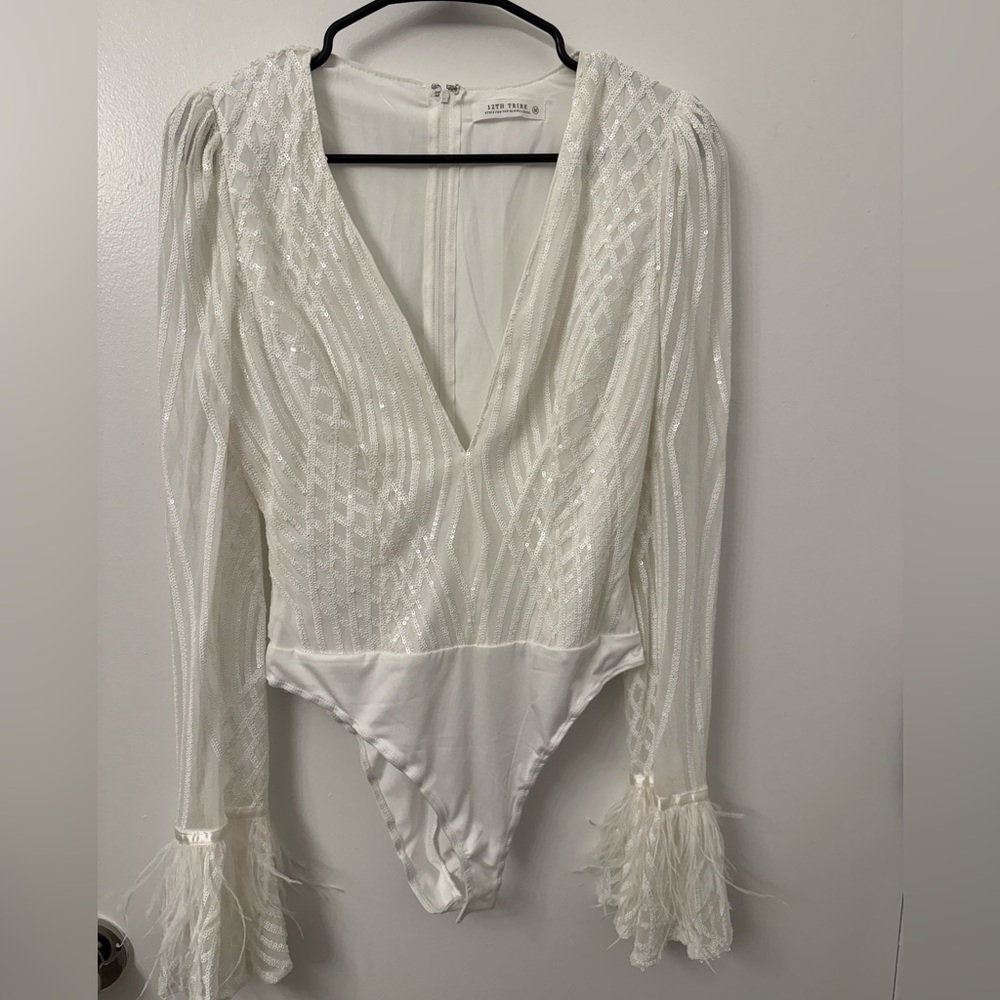 12th Tribe White Sequin Bodysuit with Feather Cuffs (never worn)